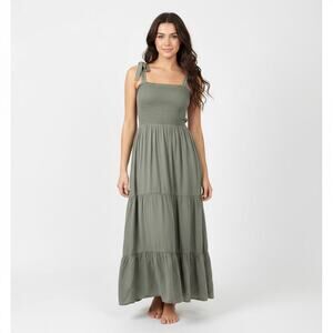Xirena Lorraine Smocked Maxi Tiered Dress Olive Green Large Cotton Vacation Chic